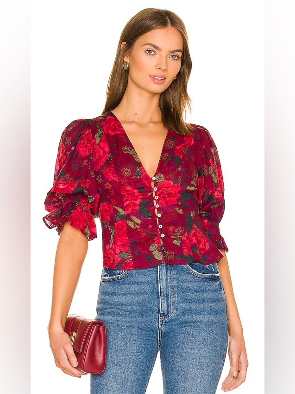 Free People Wine Rose Print Puff Sleeve Blouse